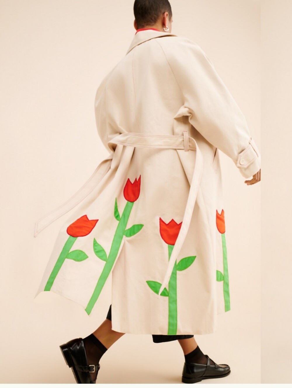 BOYKOCream Trench Coat with Red Tulip Appliqués Size S NWOT